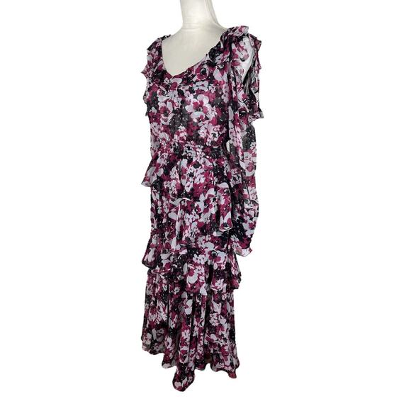 MISA Catriona Cold Shoulder Floral Midi Dress Ruffle Tiered Size Medium - Picture 4 of 10